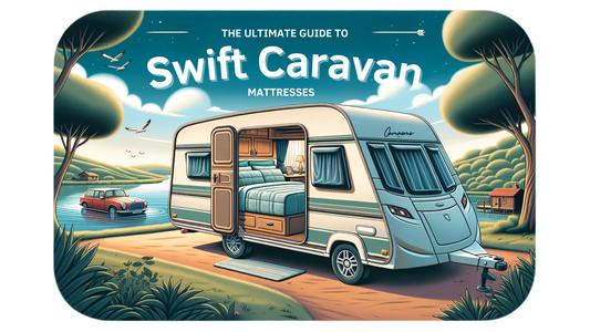 Illustration of a caravan parked by a picturesque lakeside. The caravan door is open, revealing a cozy bedroom setup inside with plush bedding. 