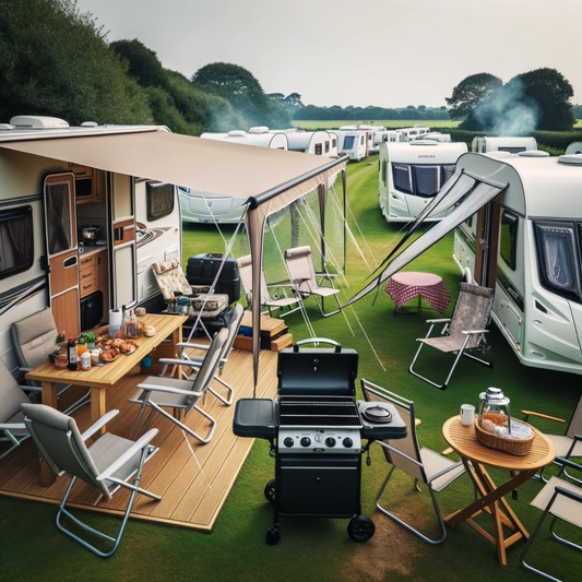 Photo of a caravan site with multiple caravans, showcasing essential equipment like awnings, chairs, and portable grills in use.