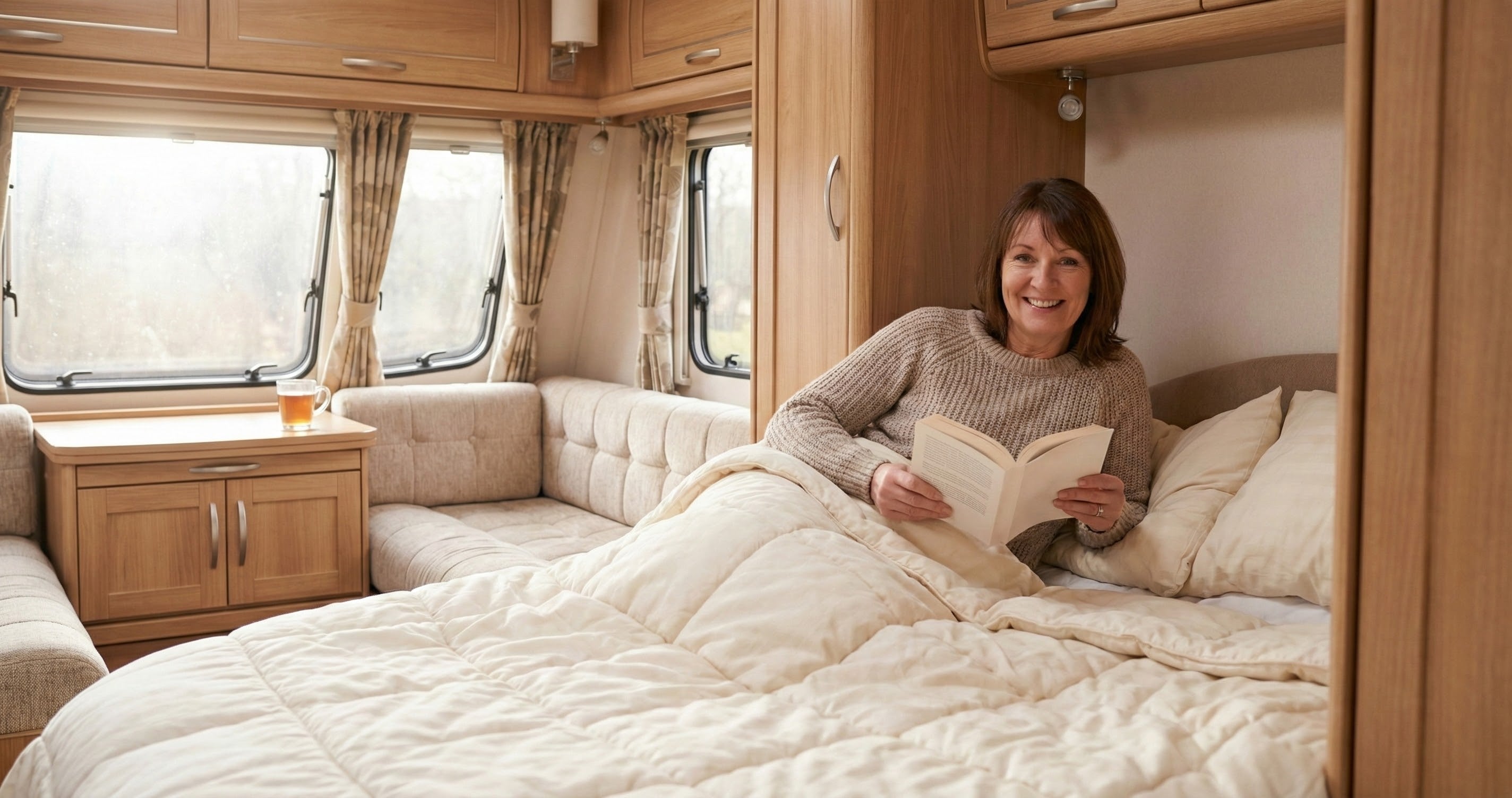 Lady resting on caravan mattress (Imperial Elite 1000 alternate)