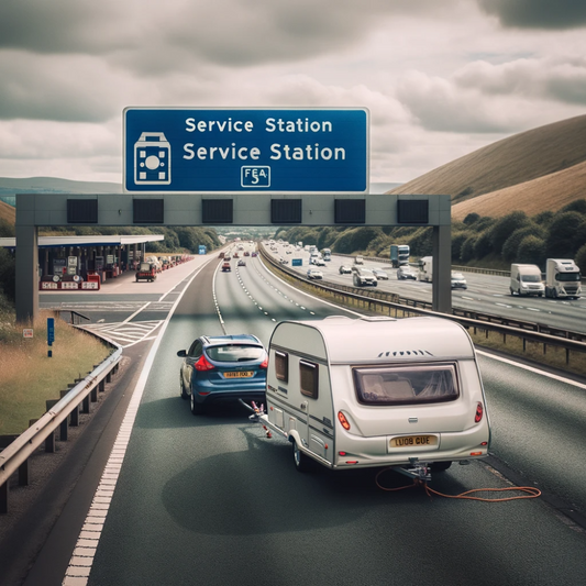 Photo showing a car towing a caravan on a UK motorway with a service station sign in the background, indicating a place to rest and take a break.