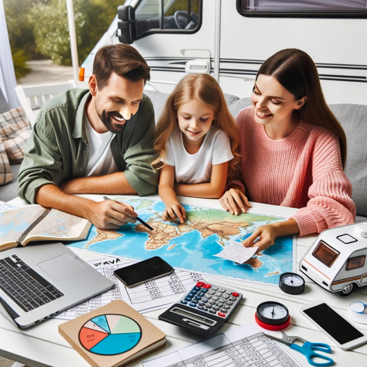 Photo of a family planning their caravan trip with a map and budget calculations on the table.