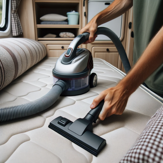 Photo of someone using a handheld vacuum cleaner to clean the surface of a caravan mattress
