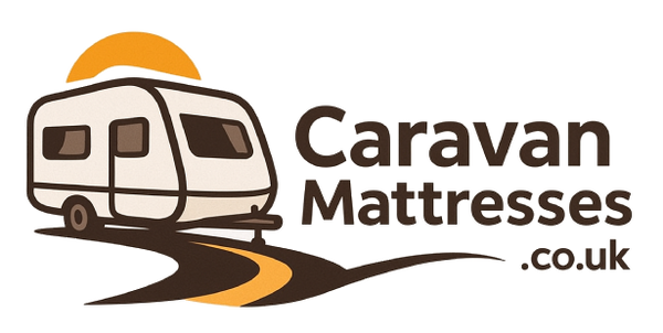Logo for Caravan Mattresses.co.uk featuring a caravan on a road with a sun in the background.